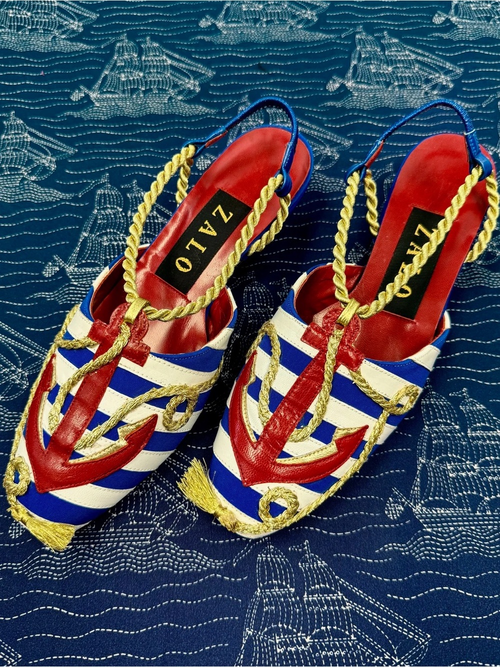 NOS Vintage Zalo Anchor Nautical Striped Leather Shoes Kitten Heels Unworn 5M